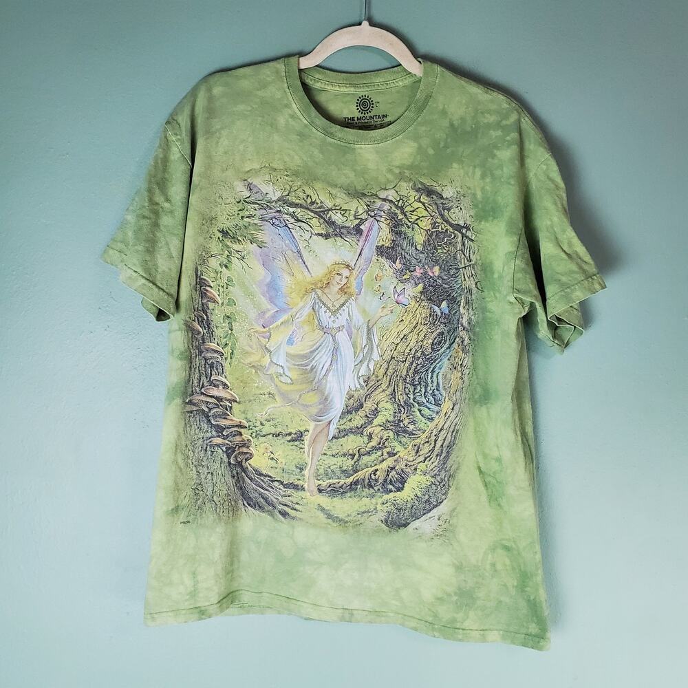 The Mountain Green Tie Dyed Woodland Winged Fairy Forest Mushroom Tee Size Large